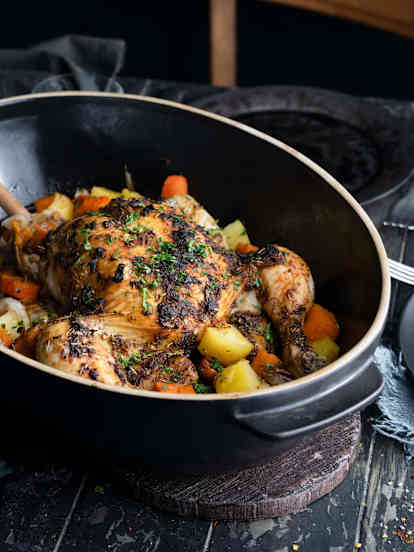 Gebraden kip met ovengegaarde Groenten