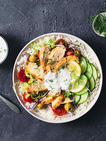 Bol de arroz con pollo Shawarma