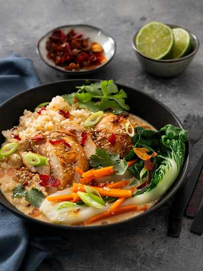 Chilli chicken and greens in coconut broth