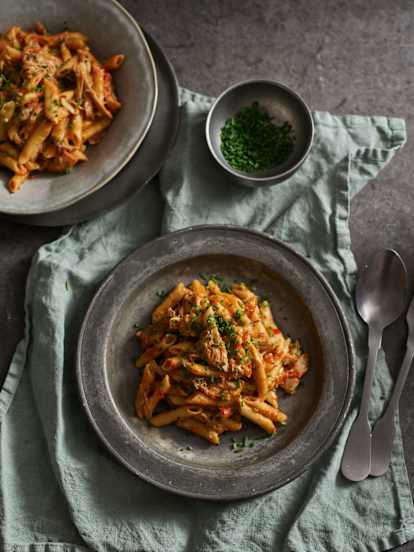 Penne com guisado de frango
