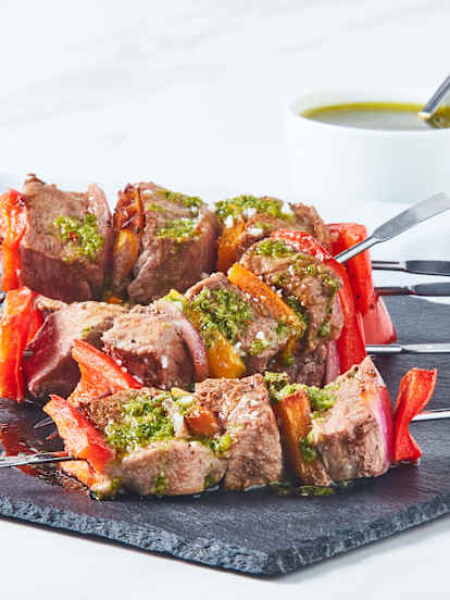 Grilled Steak Skewers with Kale Chimichurri