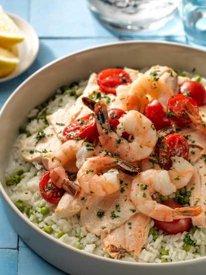 Tris di riso, pesce e verdure