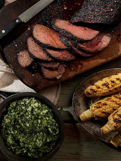 Beef tri-tip, charred corn and creamed spinach