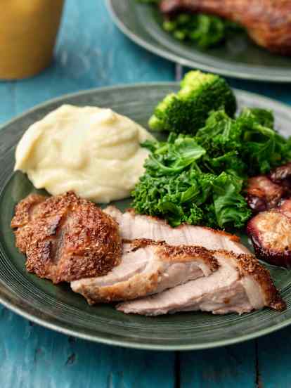 Roast Duck with Plums and Cauliflower Potato Purée