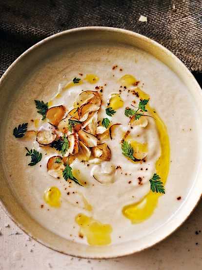 Creamy Celeriac Soup with Apple and Hazelnuts