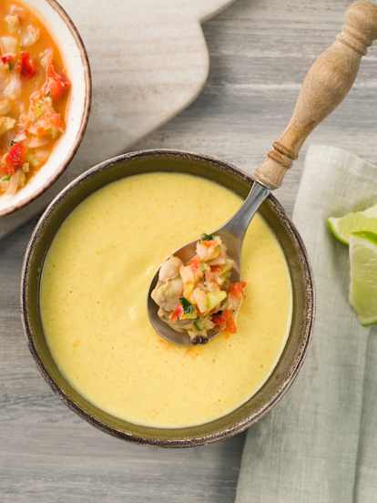 Gazpacho de maíz con guarnición de falso ceviche