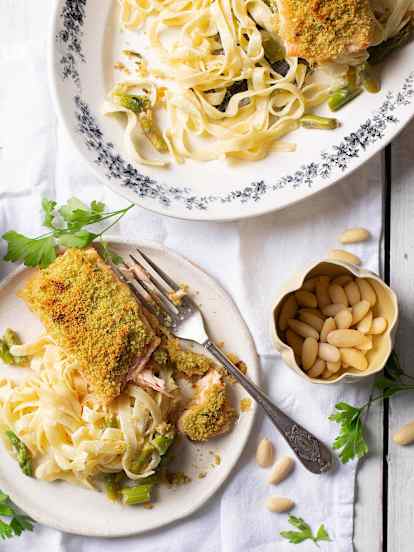 Almond crusted salmon with asparagus fettuccine