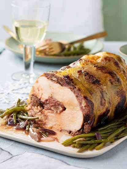 Pollo en dos cocciones con judías verdes y chalotas al caramelo