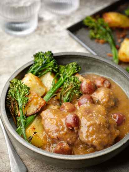 Pork Cheek and Cherry Stew with Roast Potatoes and Tenderstem Broccoli