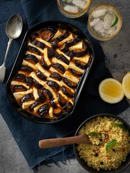 Harissa eggplant, tomato and halloumi