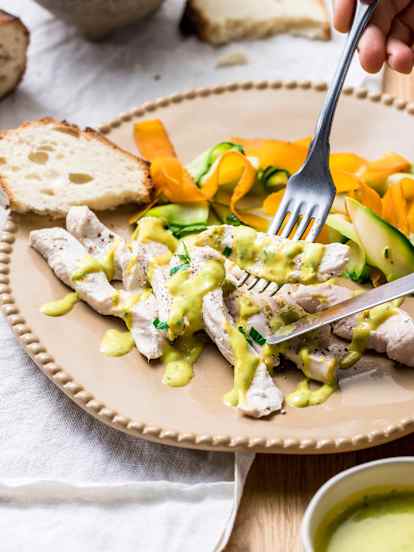 Dinner for 2 - Creamy Vegetable Soup, Steamed Chicken with Vegetable Tagliatelle and Mustard Sauce