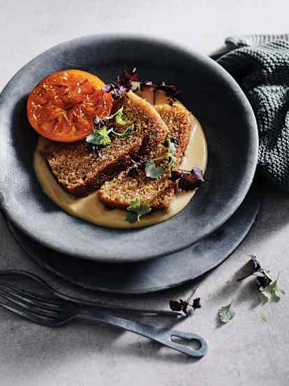 Steamed saffron sponge with burnt mandarin custard