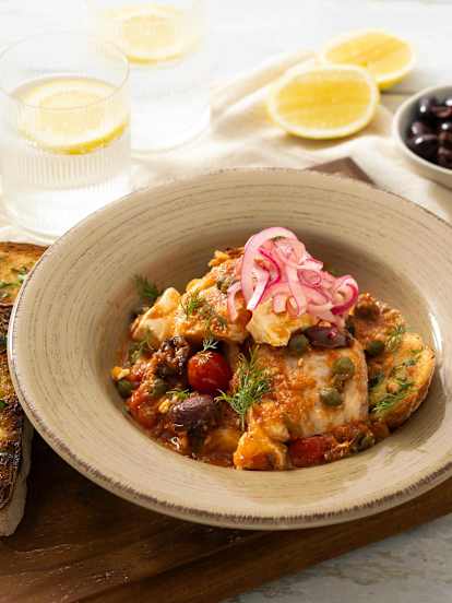 Mediterranean fish with garlic crostini