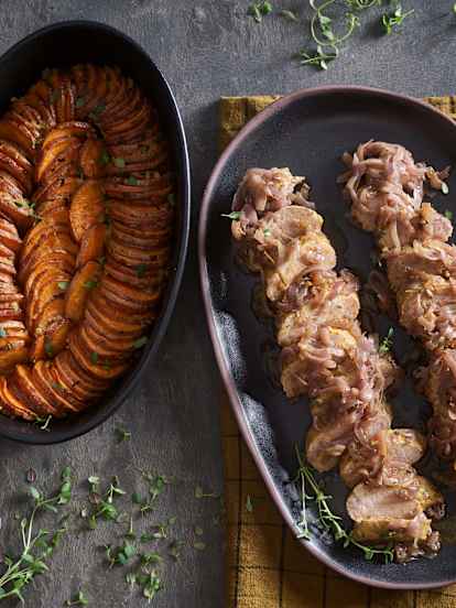 Ψαρονέφρι με ψητές γλυκοπατάτες και σάλτσα με κρεμμύδια εσαλότ και κρασί Πόρτο