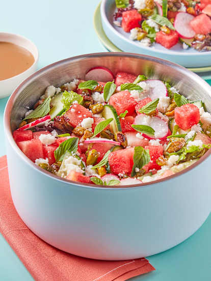Watermelon Salad with Creamy Balsamic Dressing and Candied Nuts