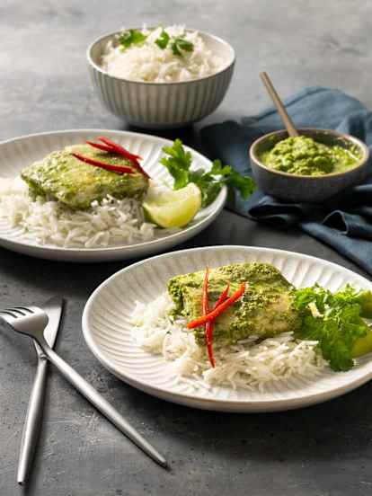 Steamed spiced fish with coconut rice