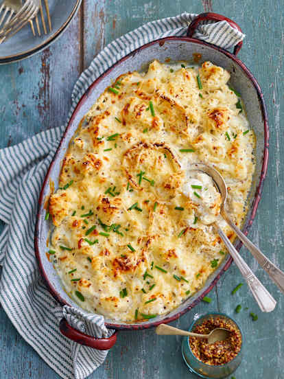 Gratin de chou-fleur, crème à la moutarde et fromage
