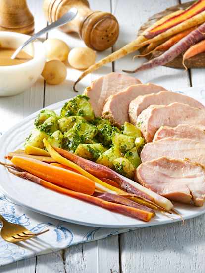 Pork Tenderloin with Carrots and Pesto Potatoes