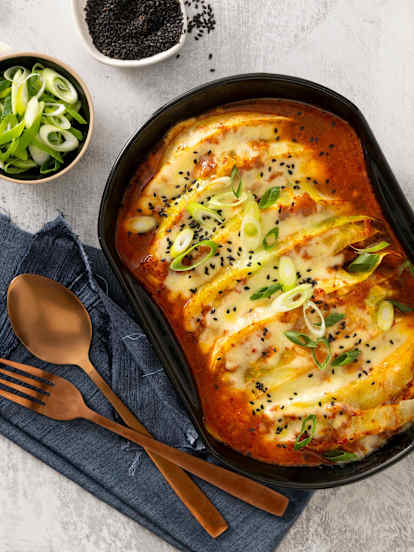 Fiery Korean Buldak cabbage with rice and egg