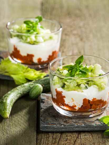 Paradeisergranita mit Sellerie-Gurken-Salat