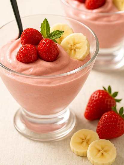 Espuma rápida de frutillas y bananas congeladas