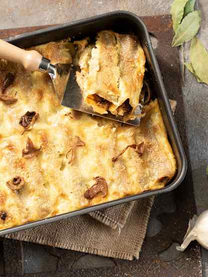 Canelones de carrilleras con setas