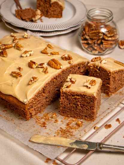 Spice cake with caramel pecan glaze