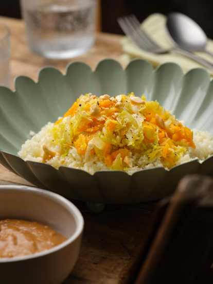 Cauliflower Rice with Crunchy Peanut Sauce and Vegetables