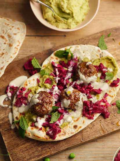 Lamb Meatballs, Minty Pea Houmous and Flatbreads
