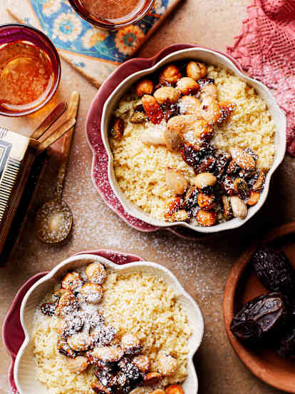 Couscous with nuts, coconut and icing sugar