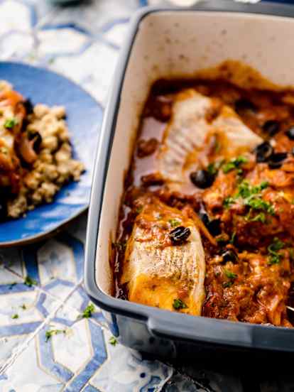 Greek-style Baked Cod with Bulgur Wheat