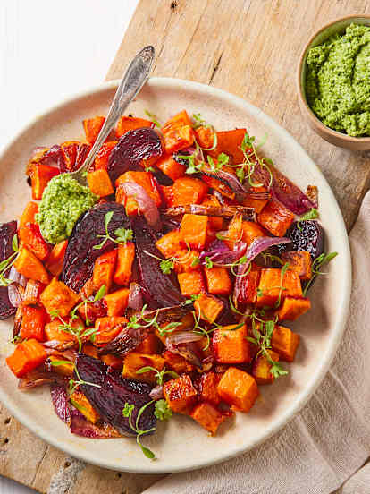 Roasted Vegetables with Walnut Arugula Pesto