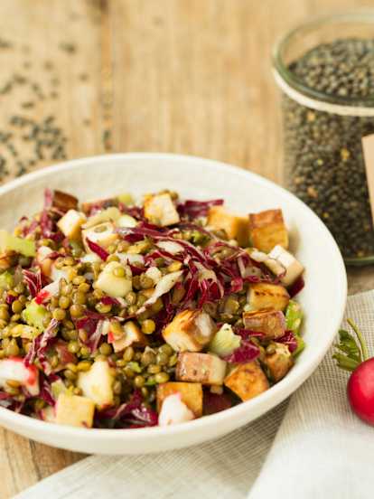 Lauwarmer Le Puy-Linsensalat mit Räuchertofu
