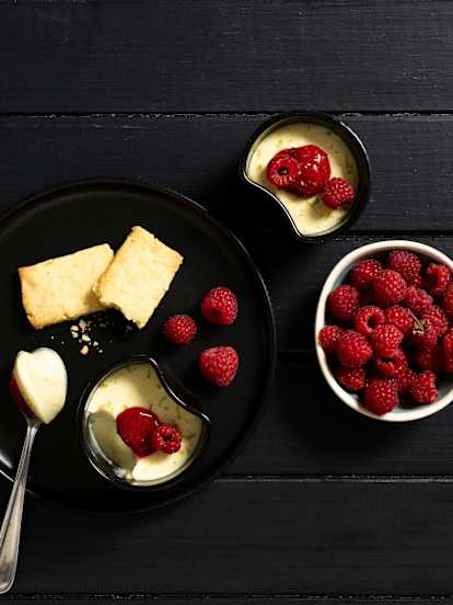 White chocolate and raspberry pots with lime macadamia shortbread