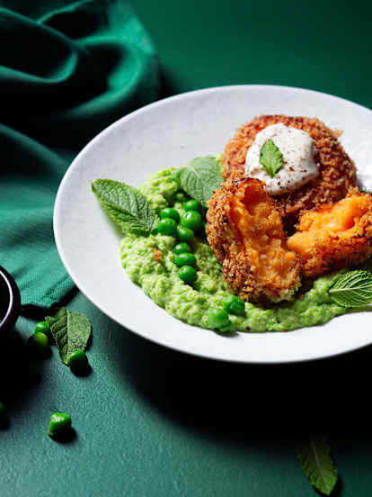 Cheesy Sweet Potato Bites with Pea Purée