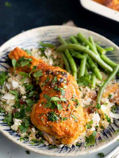 Saffron Quinoa with Baked Chicken in Red Pepper and Tomato Sauce