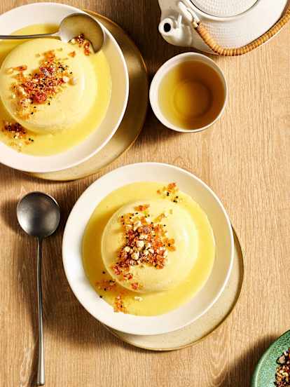 Mini cotton cheesecakes with yuzu curd & black sesame praline