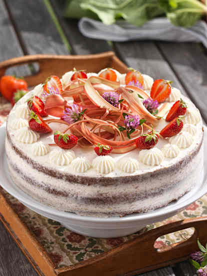 Erdbeer-Rhabarber-Torte mit Schokoladenbiskuit und Mascarpone-Topfencreme