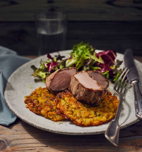 Gebackene Schweinefilets im Kaffeemantel mit Kartoffelrösti - Cookidoo ...