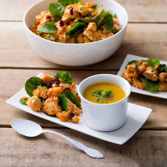Moroccan chicken and couscous salad with sweet potato soup ...