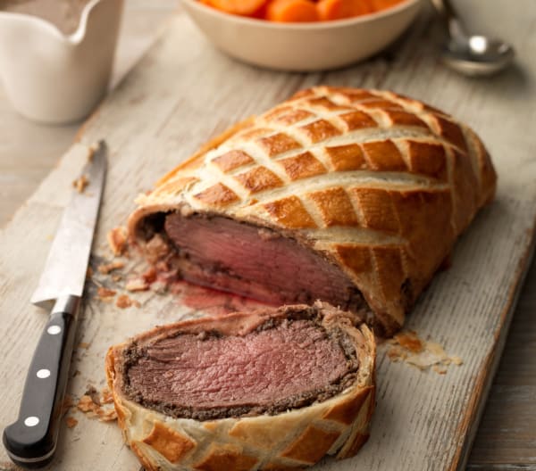 Beef Wellington with Mashed Potatoes, Steamed Carrots and Madeira Sauce ...