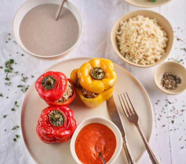 Creamy Mushroom Soup; Stuffed Peppers with Rice and Tomato Sauce