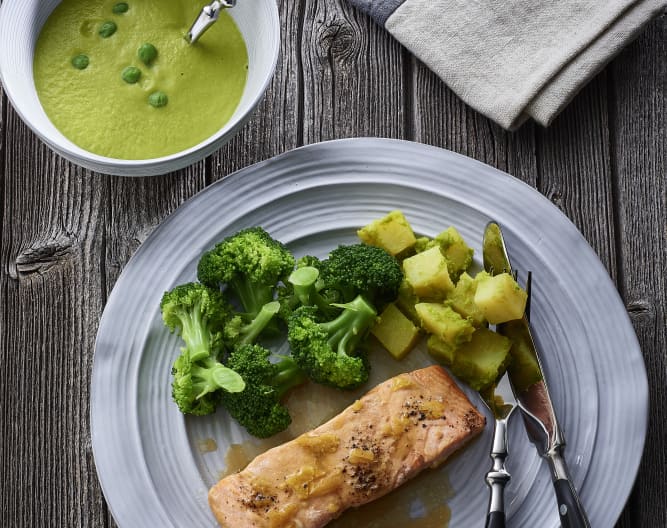 Menu with Ginger-Pea Soup, Lemon Salmon, Broccoli and Potatoes ...