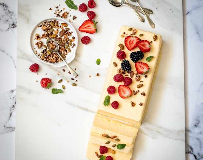 Citrus mascarpone semifreddo with Manjimup walnut & cacao nib dukkah