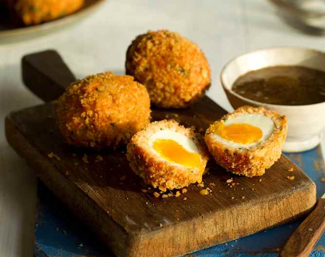 Salmon Scotch Eggs with Honey Mustard Dipping Sauce Cookidoo® the