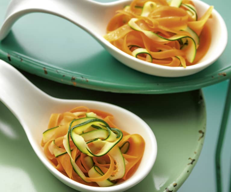 Steamed carrot and courgette tagliatelle