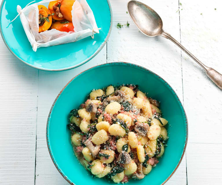 Gnocchi with Sausages and Steamed Spinach, Apricots with Honey and Walnuts