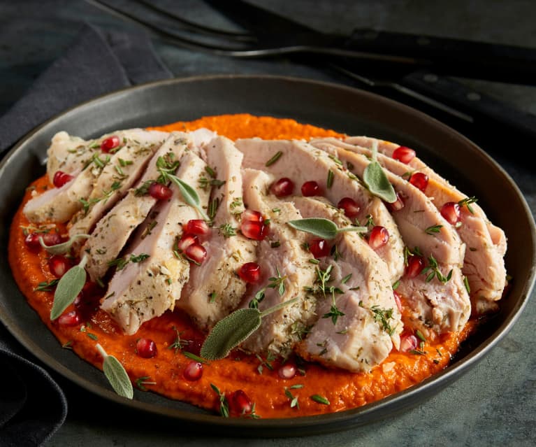 Sous-vide Herbed Turkey with Roasted Red Pepper Sauce