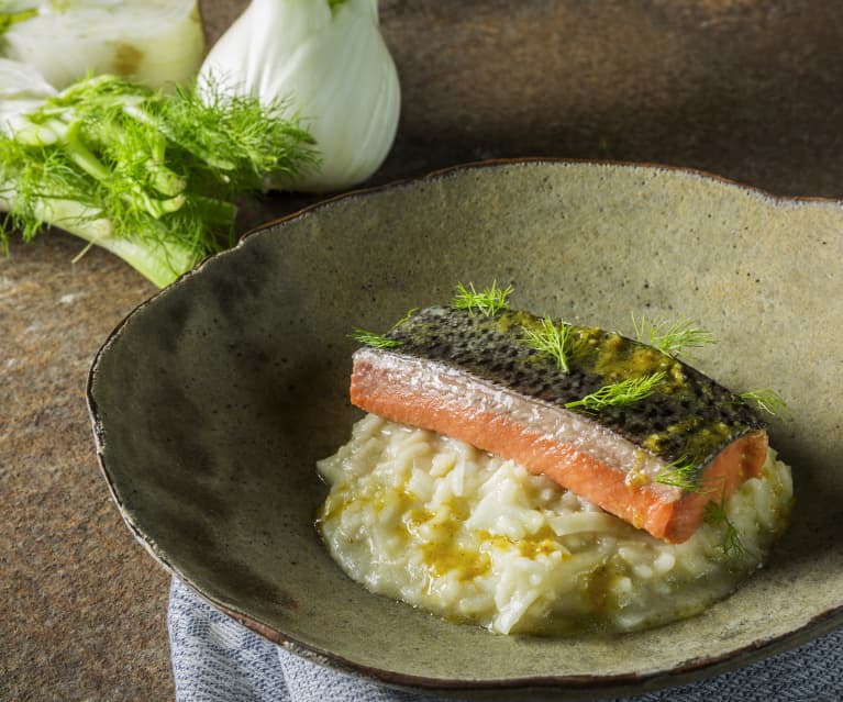 Lachsforelle auf Fenchel-Orangen-Risotto