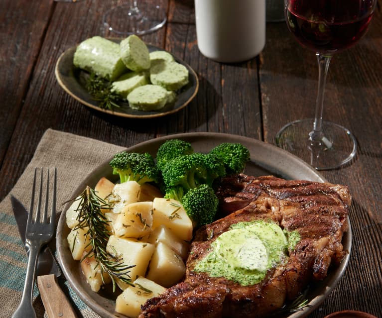 Sirloin Steaks With Herb Butter Rosemary Potatoes And Broccoli 